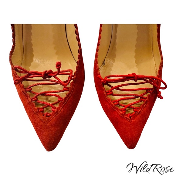 CHRISTIAN LOUBOUTIN “SCALOPUMP” 85 RED SUEDE SCALLOP TRIM LACE UP TIE HEELS 37.5 - Picture 4 of 17